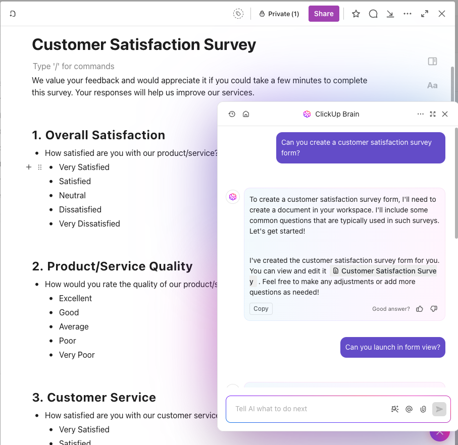 ClickUp Brain for surveys